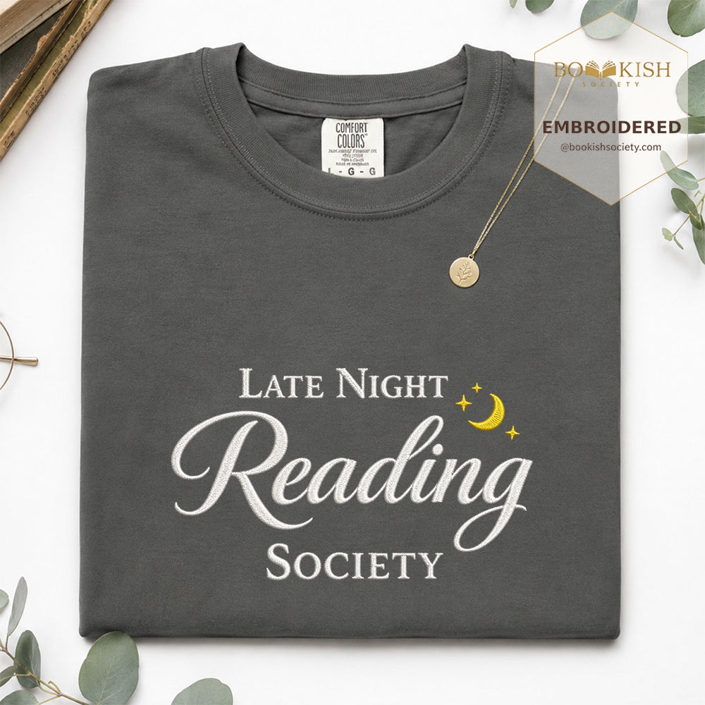 Late Night Reading Society Embroidered Comfort Color® T-shirt | Book Lover Gift Pepper