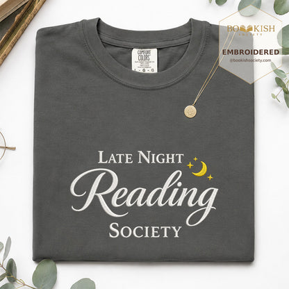 Late Night Reading Society Embroidered Comfort Color® T-shirt | Book Lover Gift Pepper