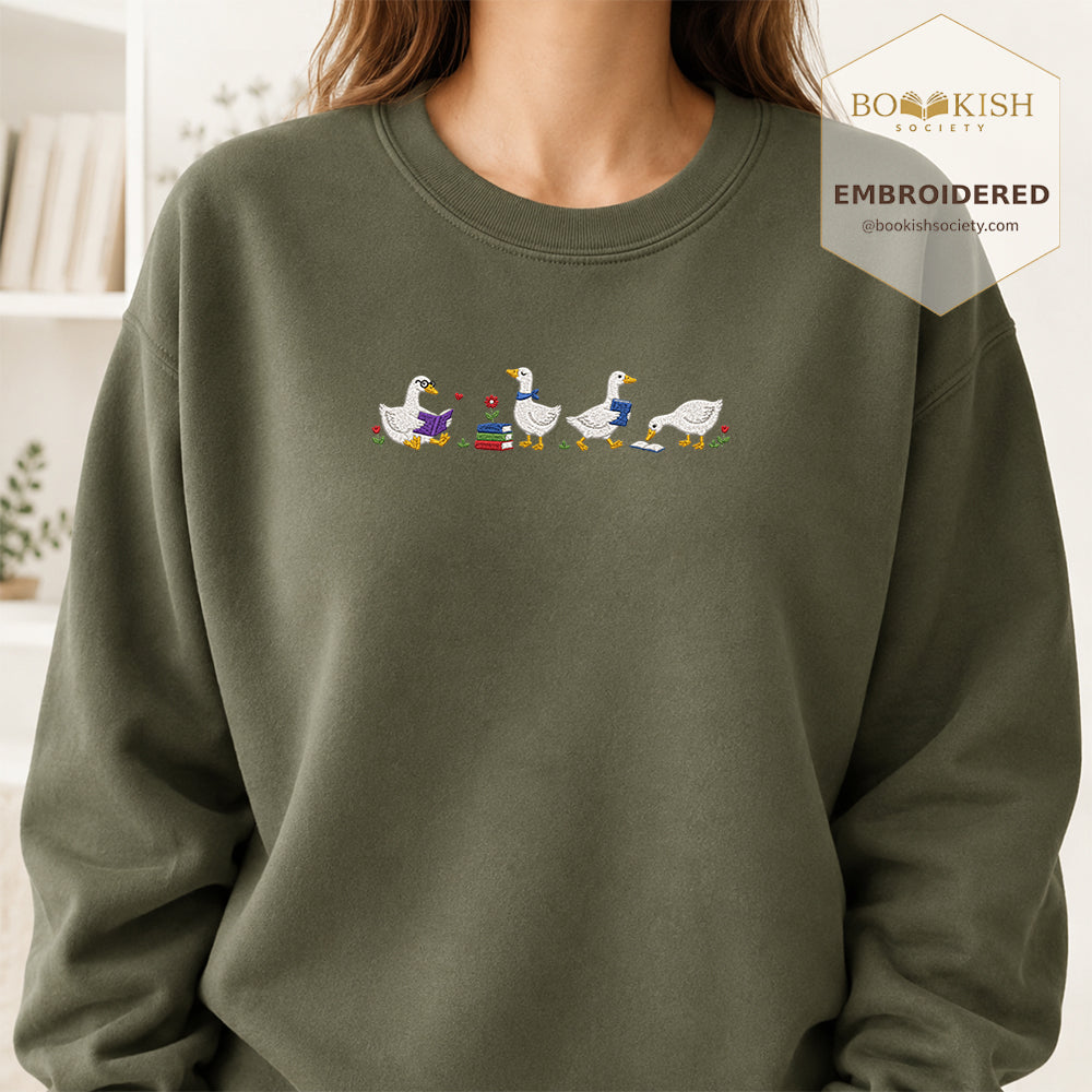 Four Reading Ducks Embroidered Sweatshirt | Reader Gift Military Green