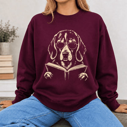 Beagle Reading Book Crewneck Sweatshirt | Reader Gift Maroon