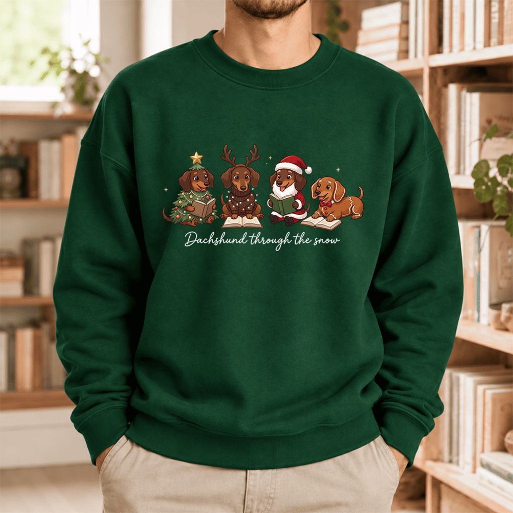 Dachshund Through The Snow Softstyle Sweatshirt | Christmas Book Lover Gift Forest Green