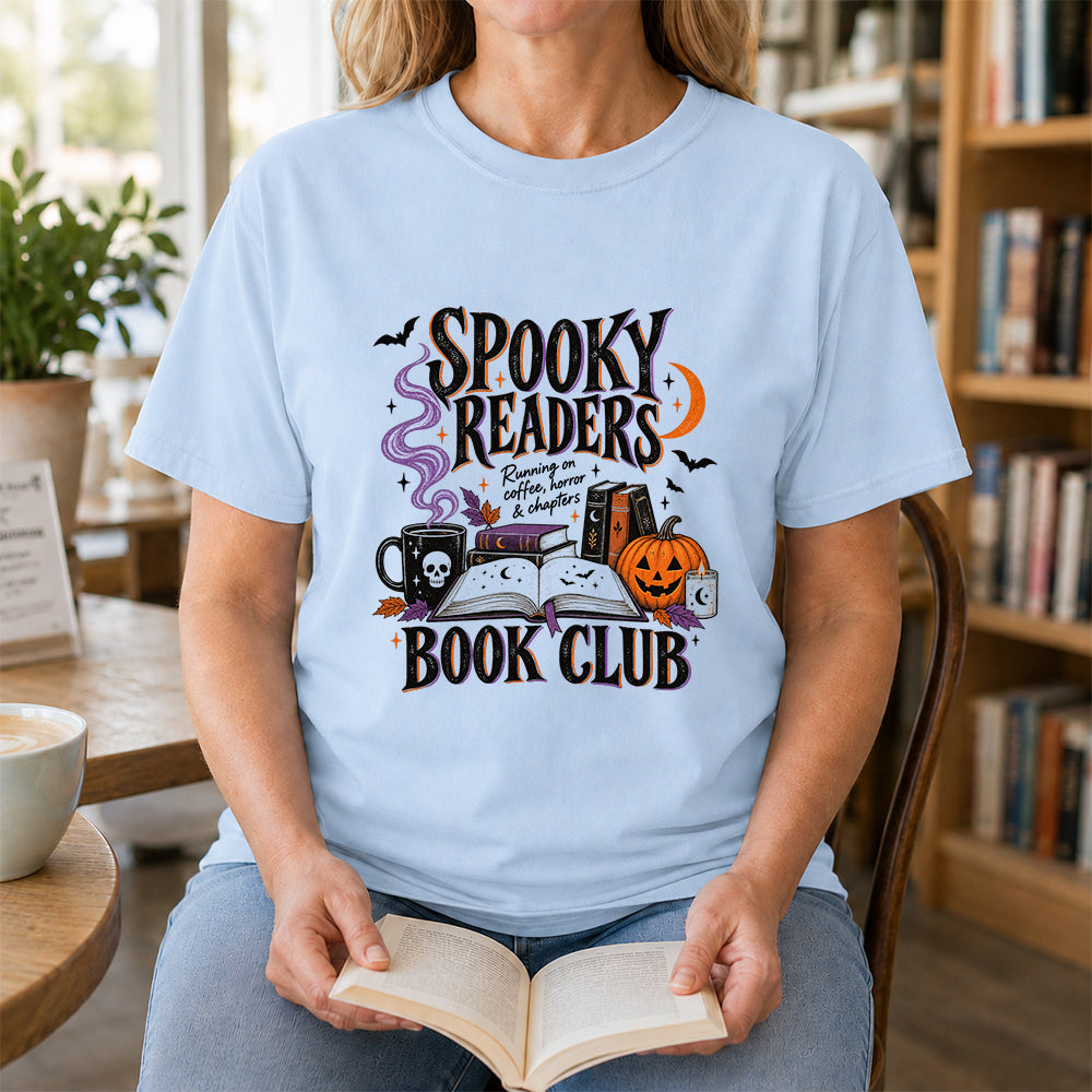 Spooky Readers Book Club Printed T-Shirt | Halloween Book Lover Gift Light Blue