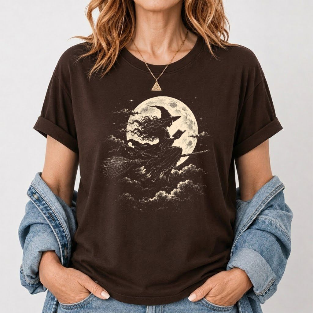 Reading Witch On The Flying Broom Printed T-Shirt | Halloween Book Lover Gift Dark Chocolate