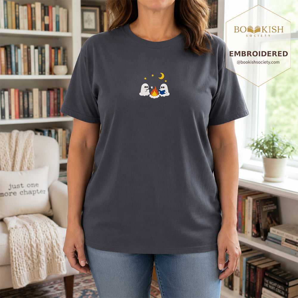 Embroidered Cute Ghost Camping Comfort Color® T-shirt Book Lover Gift Navy