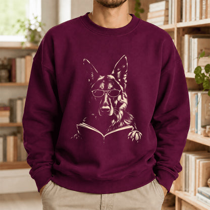 German Shepherd Reading Book Crewneck Sweatshirt | Reader Gift Maroon
