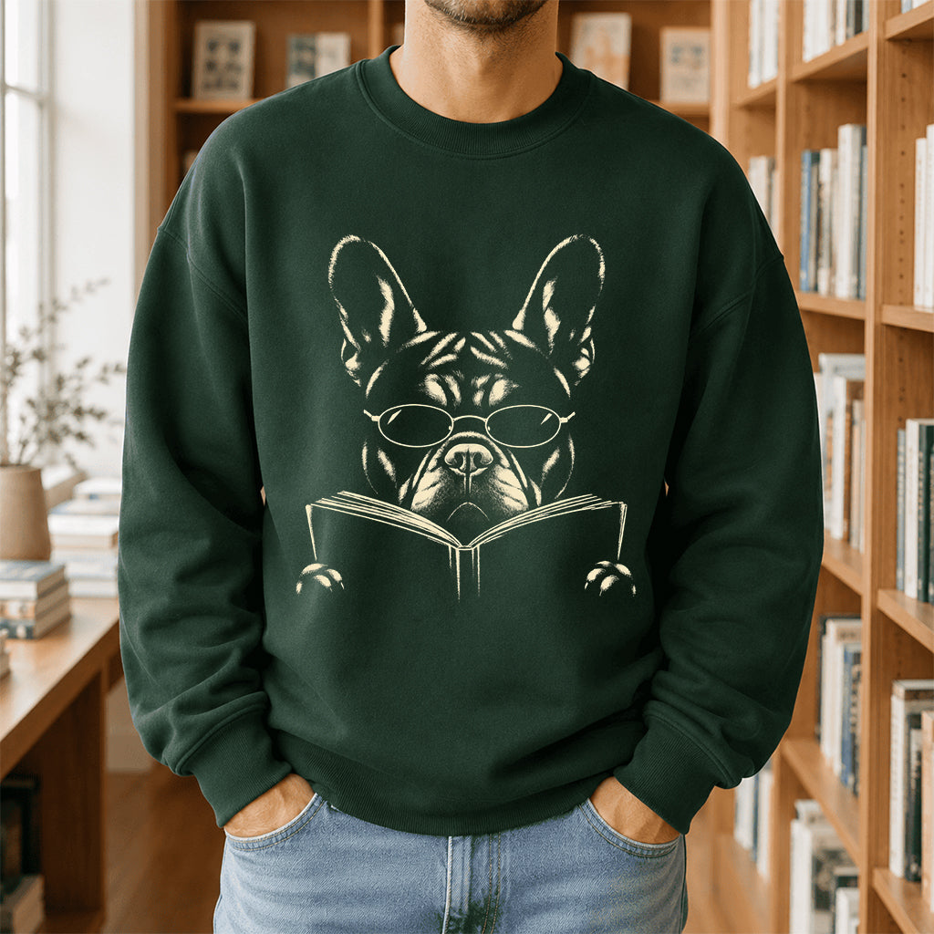 French Bulldog Reading Book Crewneck Sweatshirt | Reader Gift Forest Green