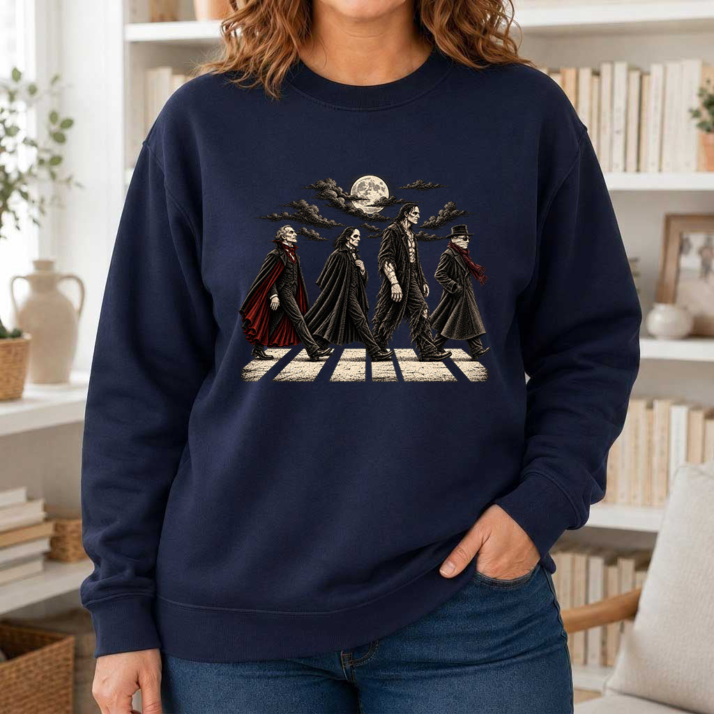 Monsters Road Printed Sweatshirt | Halloween Book Lover Gift Navy