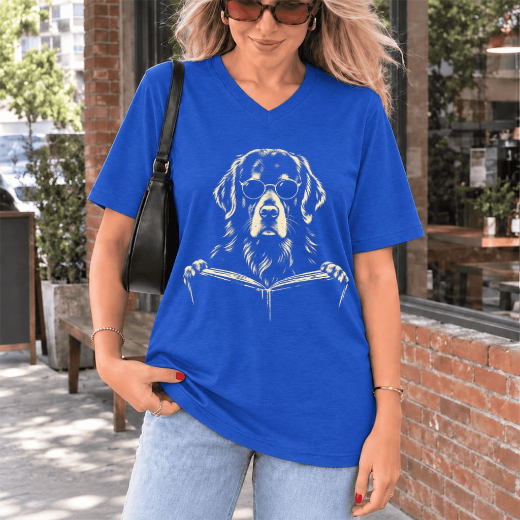 Golden Retriever Reading Book Ultra-Soft V-Neck | Dog Mom Reader Gift True Royal