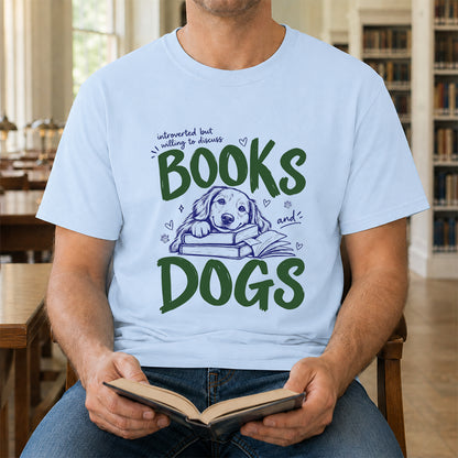 Introverted But Willing To Discuss Books And Dogs Cotton T-Shirt | Dogs Lover & Reader Gift Light Blue
