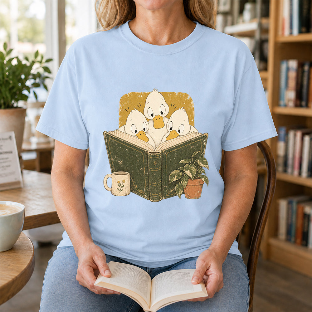 Minimal Japanese Ducks Reading Softstyle T-Shirt | Book Lover Gift Light Blue