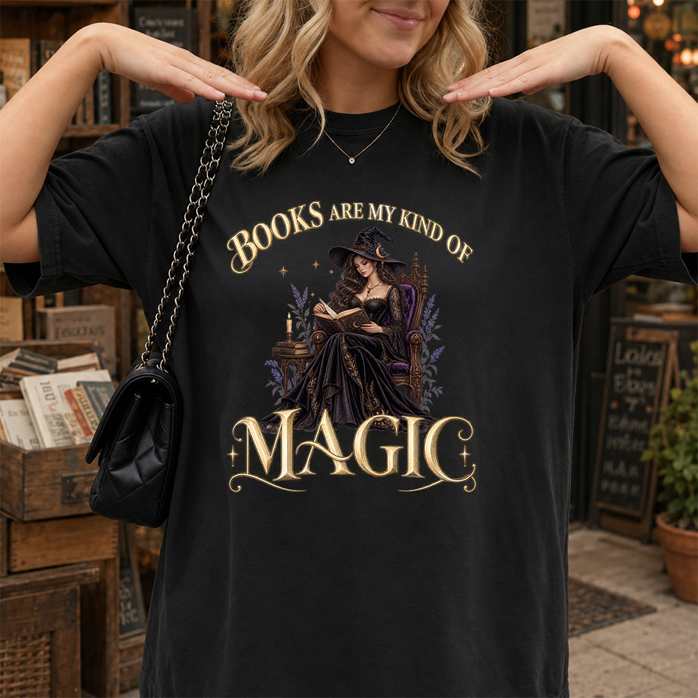 Books Are My Kind Of Magic Printed T-Shirt | Halloween Feminine Magic Reader Gift Black