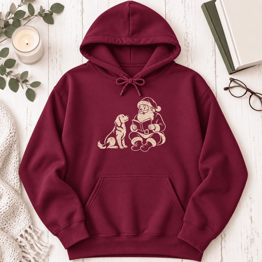 Funny Dog With Santa Christmas Softstyle Hoodie | Christmas Gift For Dog & Book Lover Maroon