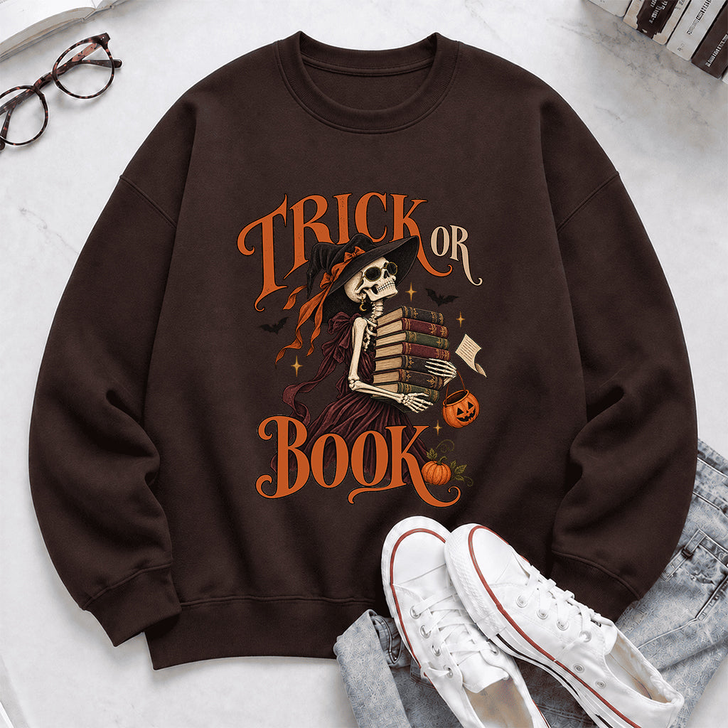 Trick Or Book Printed Sweatshirt | Halloween Book Lover Gift Dark Chocolate