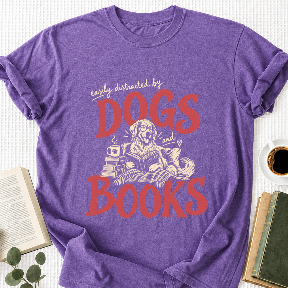Easily Distracted By Dogs And Books Softstyle T-Shirt | Book Lover Gift Heather Purple