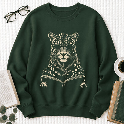 Leopard Reading Book Crewneck Sweatshirt | Reader Gift Forest Green