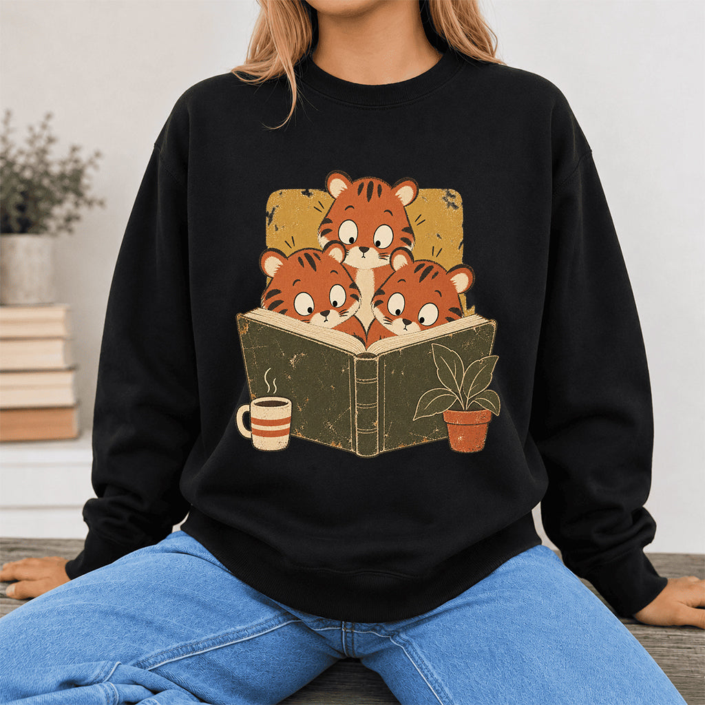 Minimal Japanese Tigers Reading Crewneck Sweatshirt | Reader Gift Black