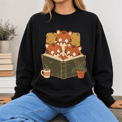 Minimal Japanese Tigers Reading Crewneck Sweatshirt | Reader Gift Black