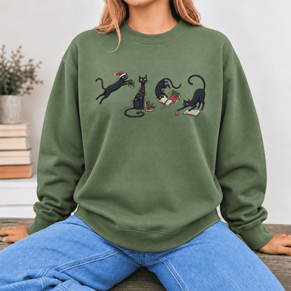 Christmas Reading Cats Softstyle Sweatshirt | Christmas Book Lover Gift Military Green
