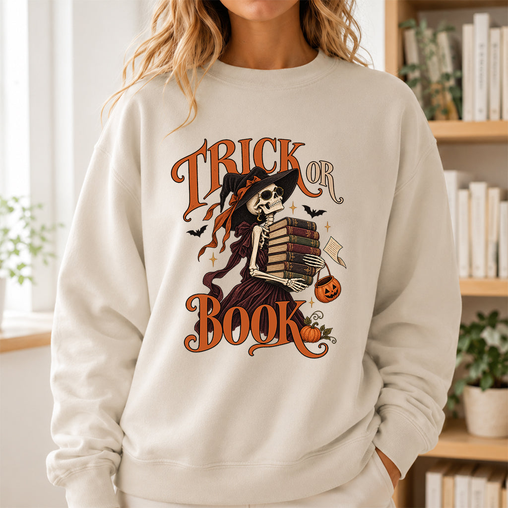 Trick Or Book Printed Sweatshirt | Halloween Book Lover Gift Sand