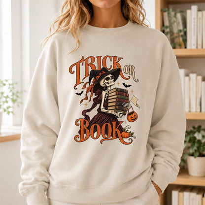 Trick Or Book Printed Sweatshirt | Halloween Book Lover Gift Sand