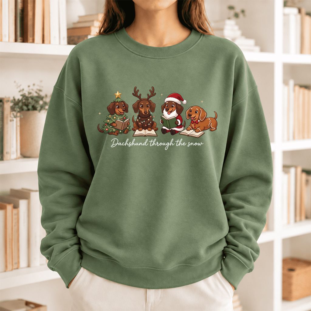 Dachshund Through The Snow Softstyle Sweatshirt | Christmas Book Lover Gift Military Green