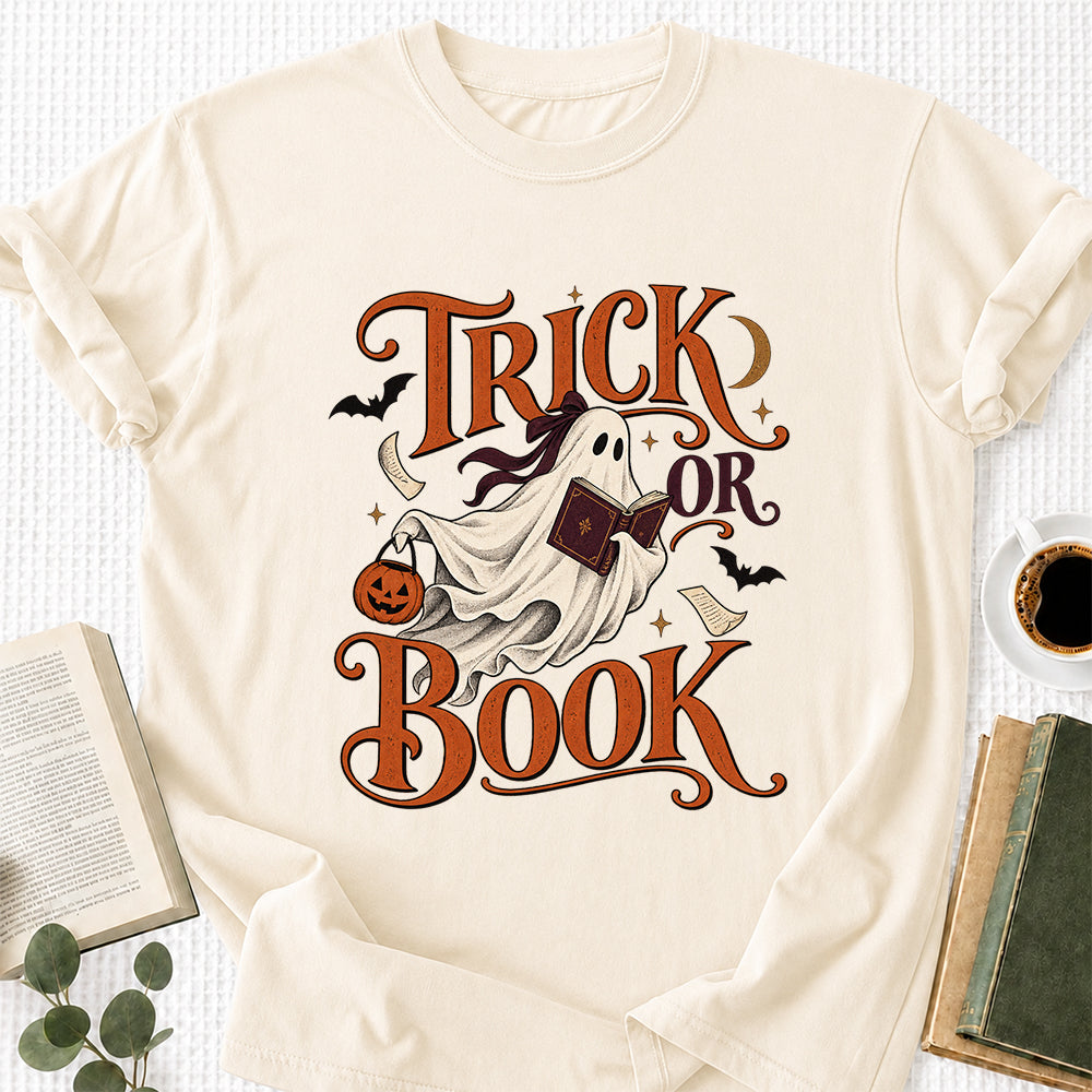 Trick Or Book Ghost Printed T-Shirt | Halloween Book Lover Gift Natural