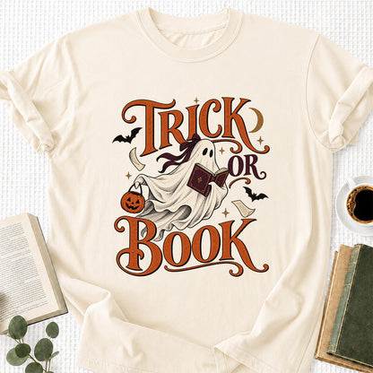 Trick Or Book Ghost Printed T-Shirt | Halloween Book Lover Gift Natural