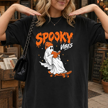 Spooky Vibes Printed T-Shirt | Halloween Book Lover Gift Black
