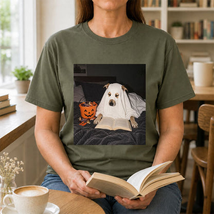 Cute Reading Ghost Dog Printed T-Shirt | Halloween Book Lover Gift Military Green