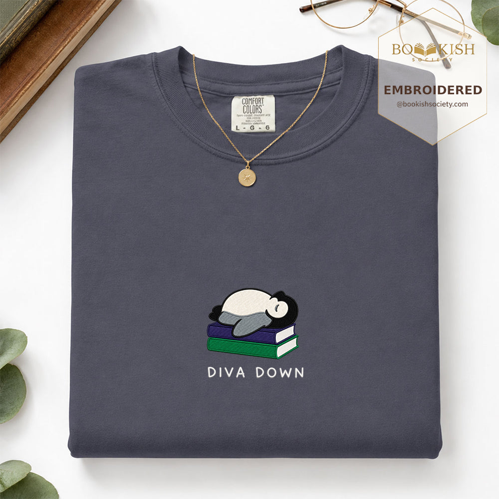 Embroidered Diva Down Penguin Comfort Color® T-shirt Book Lover Gift Denim