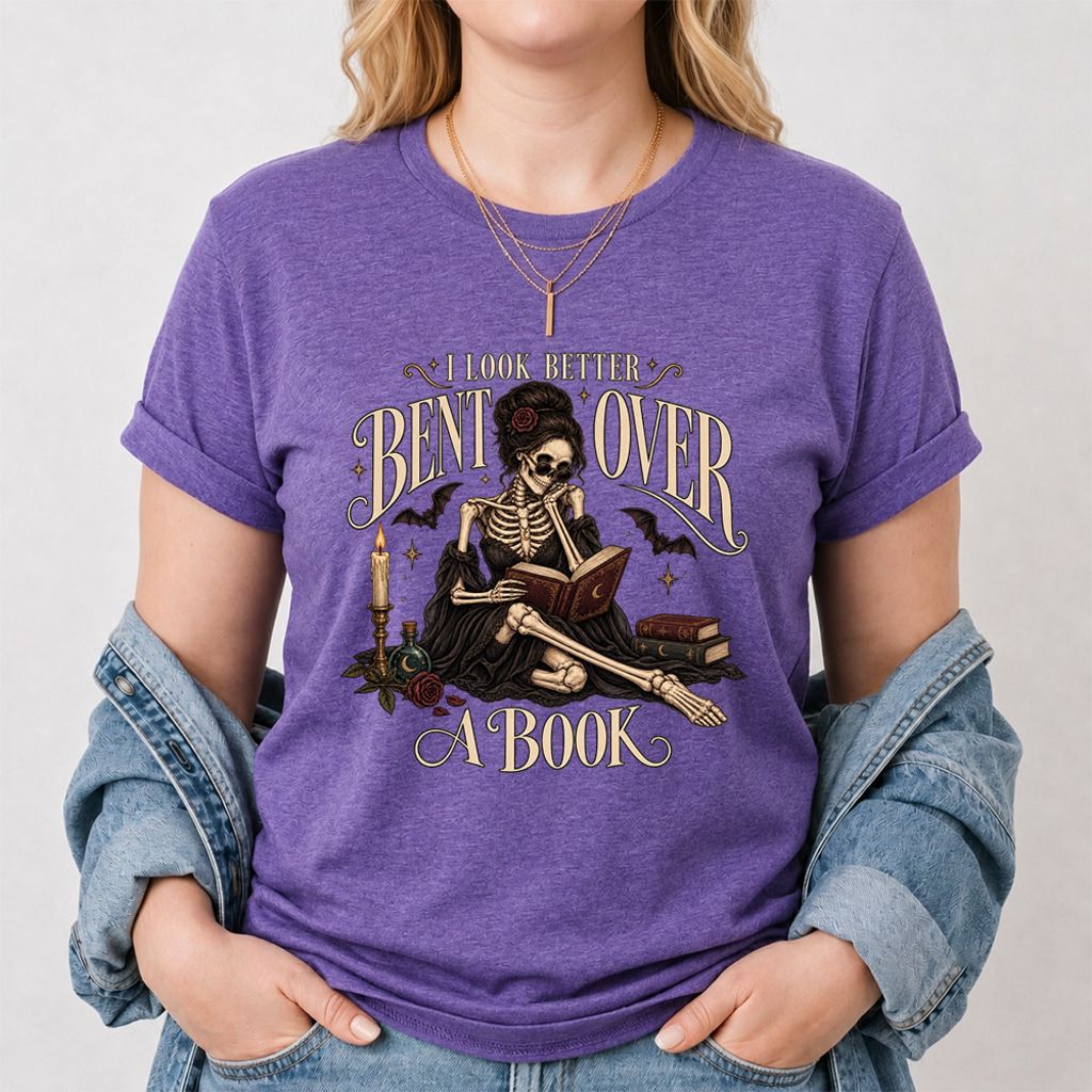 I Look Better Bent Over A Book Printed T-Shirt | Halloween Smut Book Lover Gift Heather Purple