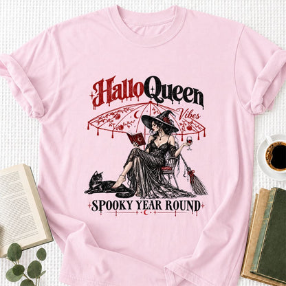 Halloqueen Spooky Year Round Printed T-Shirt | Halloween Book Lover Gift Light Pink
