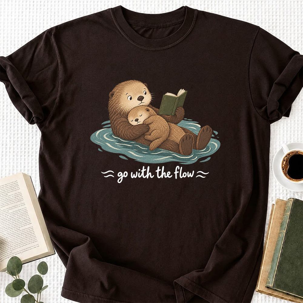 Go With The Flow Otter Reading Softstyle T-Shirt | Book Lover Gift Dark Chocolate