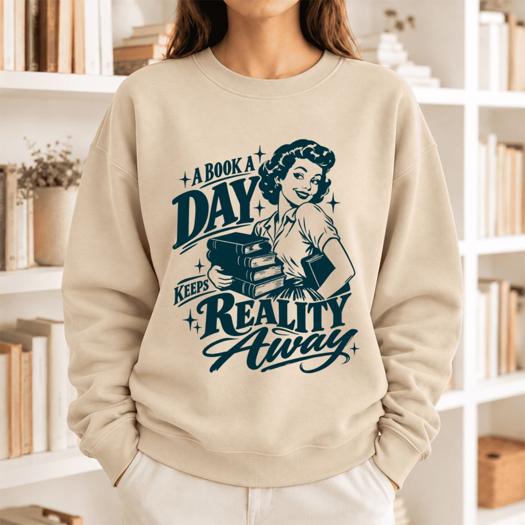 A Book A Day Keeps Reality Away Softstyle Sweatshirt | Cozy Book Lover Gift Sand