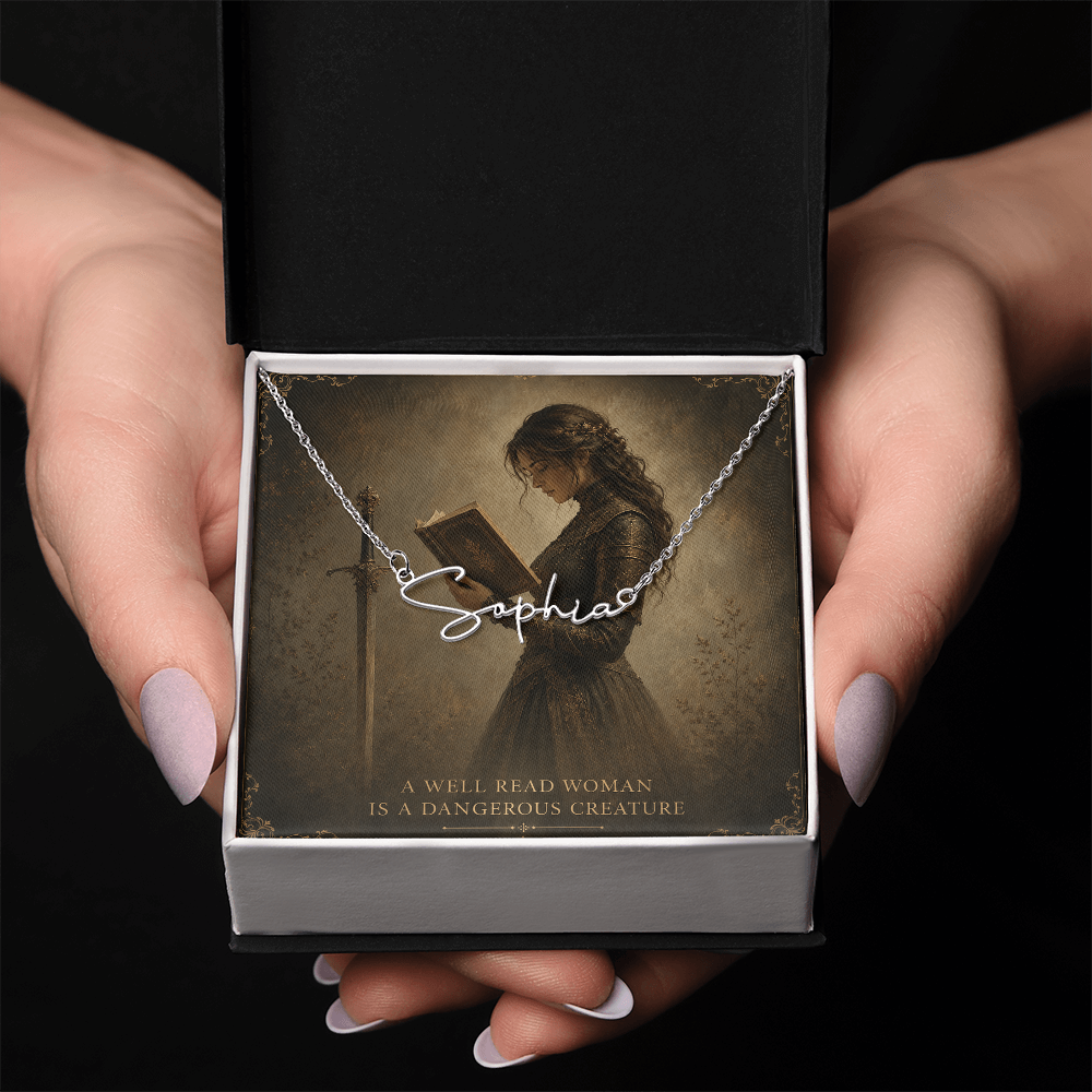 A Well Read Woman Is A Dangerous Creature Decorative Card And Custom Name Polished Stainless Steel Necklace With Box Book Lover Gift Font 2