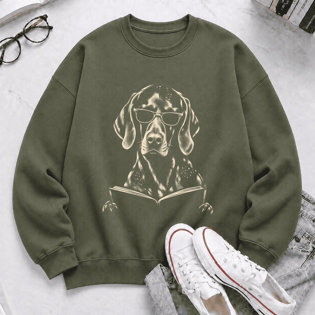 German Shorthaired Pointer Reading Book Crewneck Sweatshirt | Reader Gift Military Green