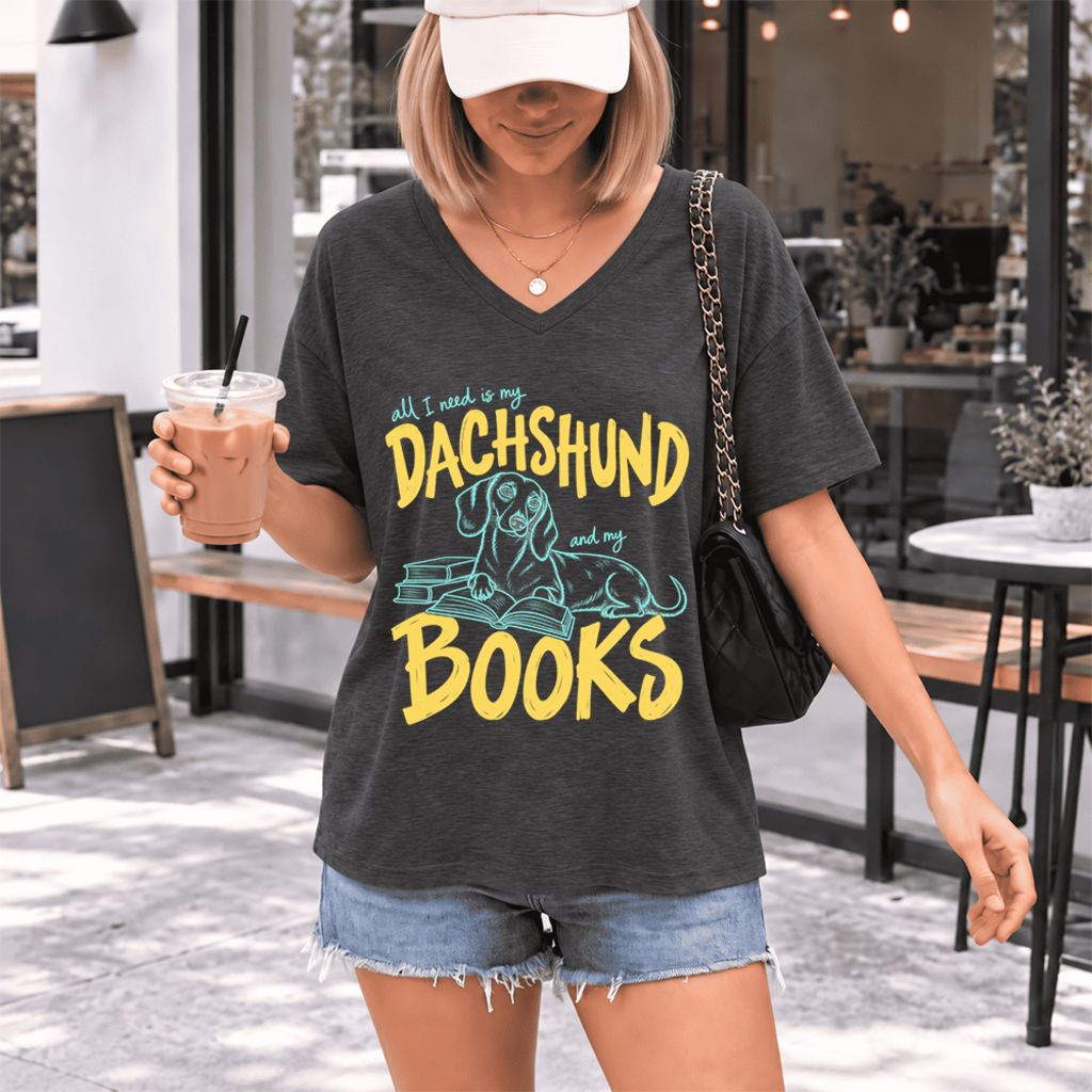 All I Need Is My Dachshund And My Books Ultra-Soft V-Neck | Dog Mom Reader Gift Dark Grey Heather