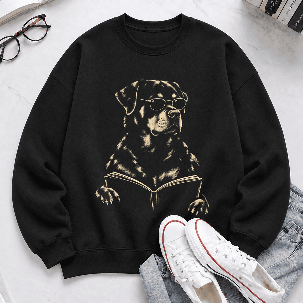 Rottweiler Reading Book Crewneck Sweatshirt | Reader Gift Black