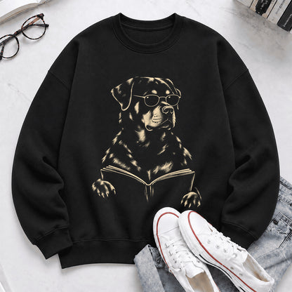 Rottweiler Reading Book Crewneck Sweatshirt | Reader Gift Black