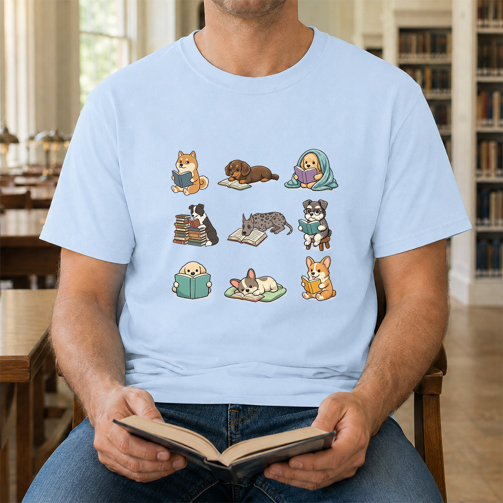 Funny Dogs Reading Softstyle T-Shirt | Book Lover Gift Light Blue
