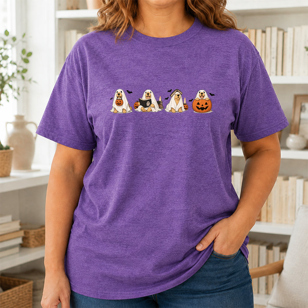 Spooky Golden Retrievers Book Club Printed T-Shirt | Halloween Book Lover Gift Heather Purple