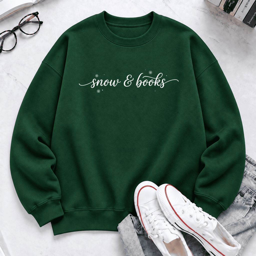 Snow & Books Softstyle Sweatshirt | Christmas Book Lover Gift Forest Green