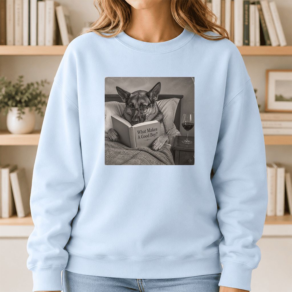 What Makes A Good Boy Crewneck Sweatshirt | Dog Lover Reader Gift Light Blue