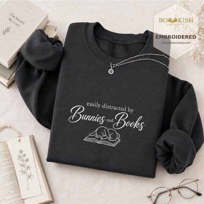 Distracted By Bunnies And Books Embroidered Sweatshirt | Reader Gift Dark Heather