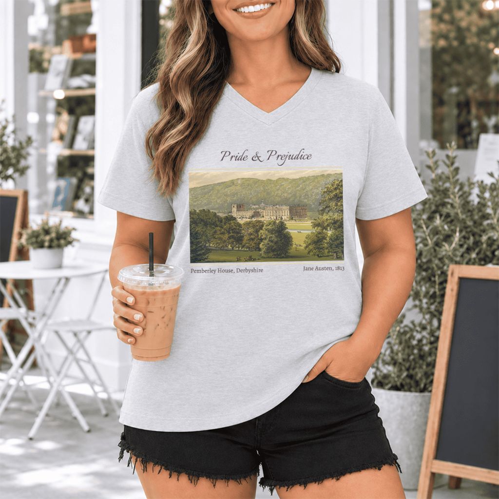 Pemberley House Pride And Prejudice Ultra-Soft V-Neck | Classic Literature Reader Gift Ash