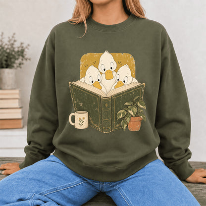 Minimal Japanese Ducks Reading Crewneck Sweatshirt | Reader Gift Military Green