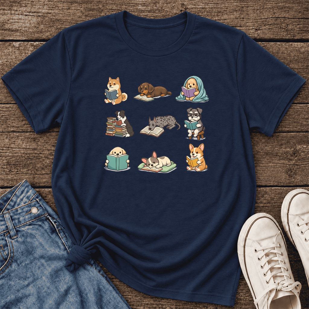 Funny Reading Dogs Ultra-Soft Cotton T-Shirt | Dog Mom Reader Gift Navy