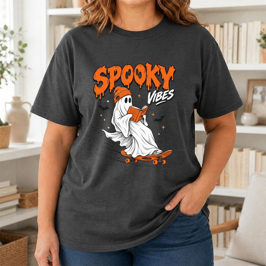 Spooky Vibes Printed T-Shirt | Halloween Book Lover Gift Dark Heather