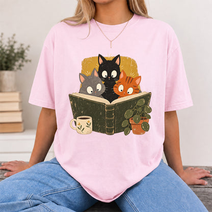 Minimal Japanese Cats Reading Softstyle T-Shirt | Book Lover Gift Light Pink