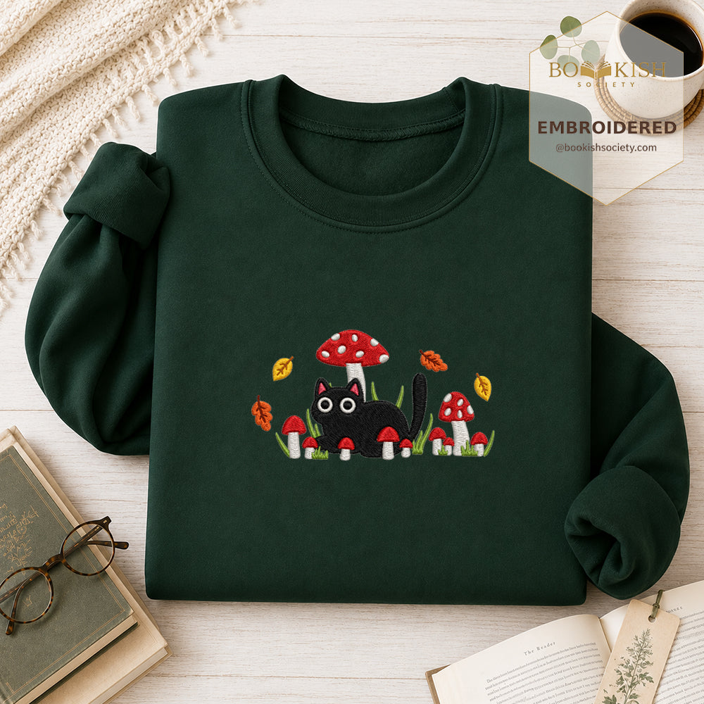 Mushroom Cat Embroidered Sweatshirt | Reader Gift Forest Green